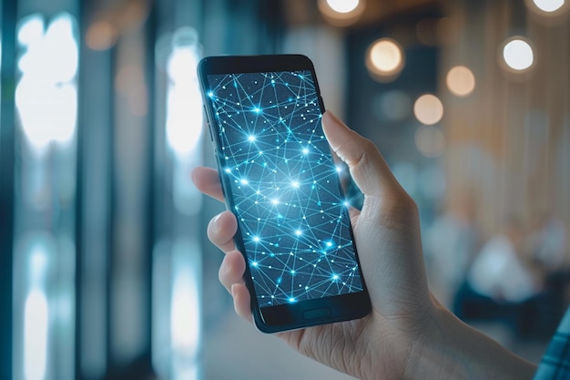 Smartphone à portée de main avec la technologie Network dots créée avec l'intelligence artificielle générative