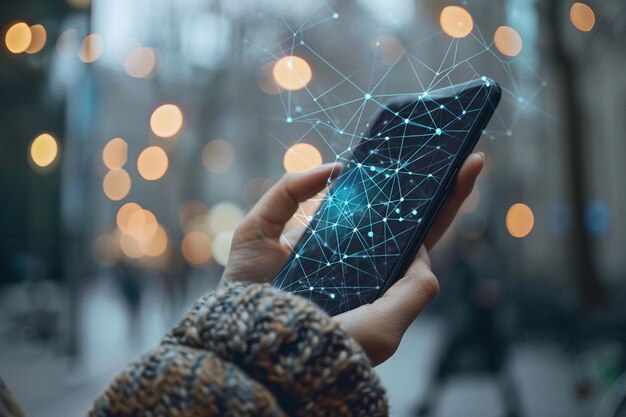 Smartphone à portée de main avec la technologie Network dots créée avec l'intelligence artificielle générative