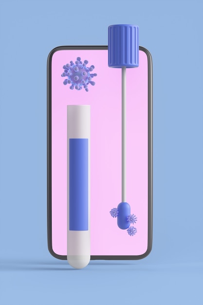 Smartphone près de l'ampoule du vaccin contre le coronavirus covid-19 et du test PCR. Notion de vaccination. illustration de rendu 3D