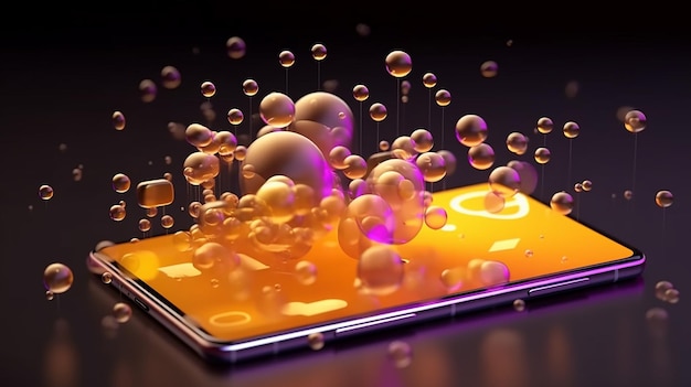 Smartphone de rendu 3D avec bulles de chat flottantes médias sociaux IA générative