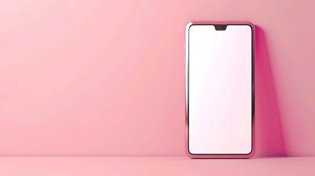 Un smartphone rose avec un écran vide est placé sur un fond rose Le téléphone est en focus et il y a une ombre douce sur l'arrière-plan