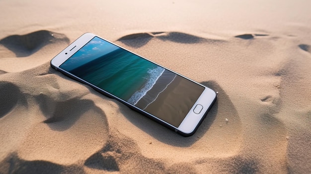 Smartphone sur le sable d'une plage