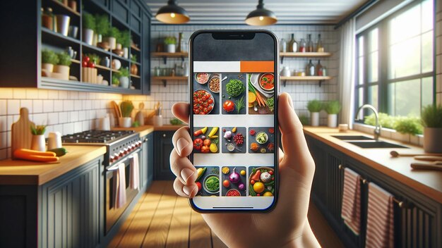 smartphone tenu à la main contre un fond de cuisinerecherche de recettes en ligne