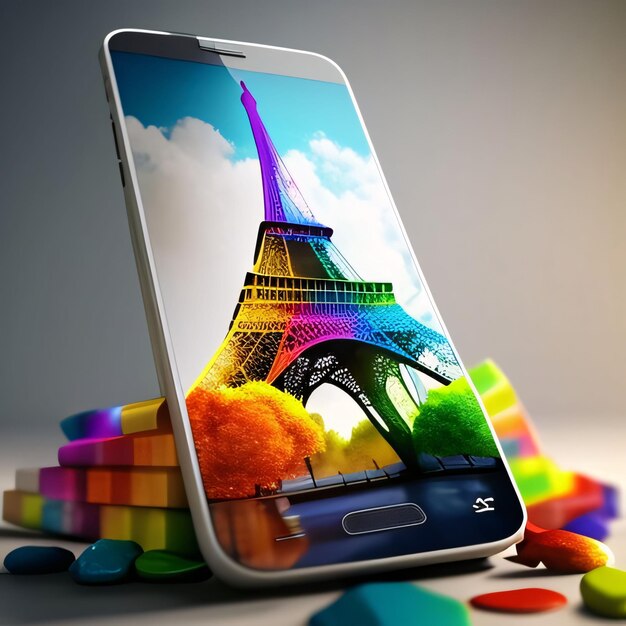 Smartphone avec la tour Eiffel à l'écran Arrière-plan coloré