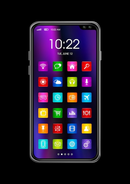 Photo smartphone tout écran avec jeu d'icônes colorées isolé