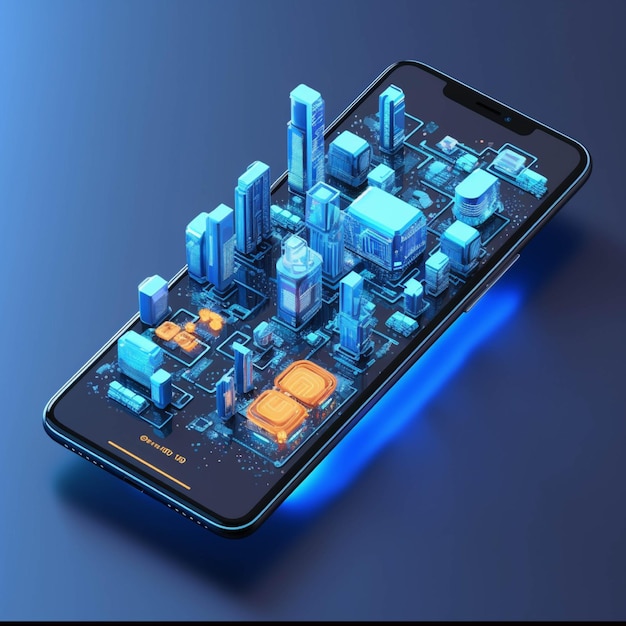 Smartphone avec une ville futuriste sur l'écran illustration 3D