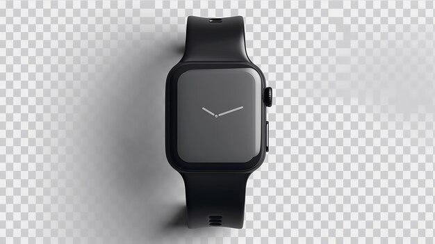 Photo smartwatch noire avec une bande noire sur un fond transparent la montre est à un léger angle et l'heure est 1010