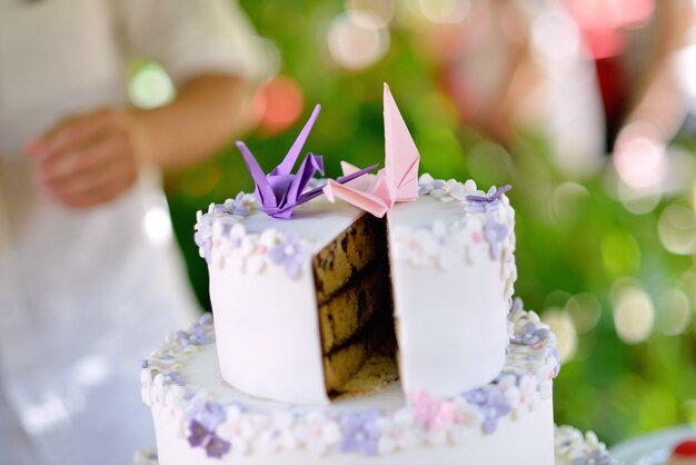 Smash cake avec de la crème à l'extérieur et du chocolat à l'intérieur lors d'un mariage avec quelques oiseaux en papier