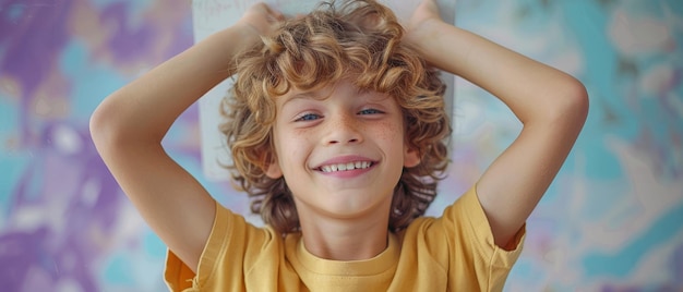 Smiley Boy tenant intensément un tableau blanc au-dessus de sa tête sur un fond beige avec une IA générative de phares violets