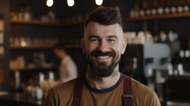 Smiling Caucasian male barista portant tablier standing in coffee shop looking at camera Generative AI AIG21