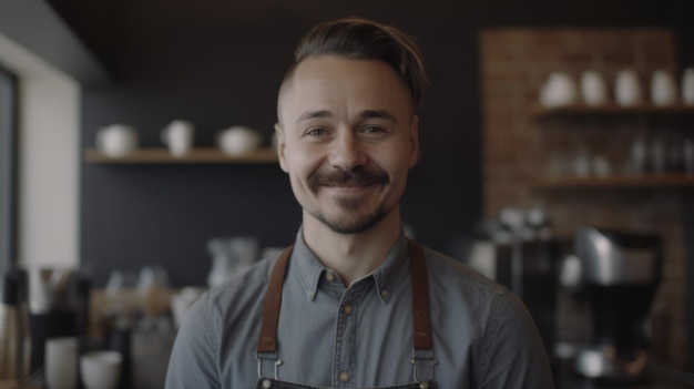 Smiling Caucasian male barista portant tablier standing in coffee shop looking at camera Generative AI AIG21