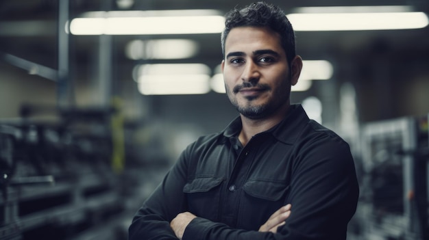 A smiling Hispanic male electronic factory worker standing in factory