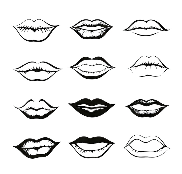 Photo smiling lips sketch black and white fun smiling lips collection joy and happiness doodle drawing