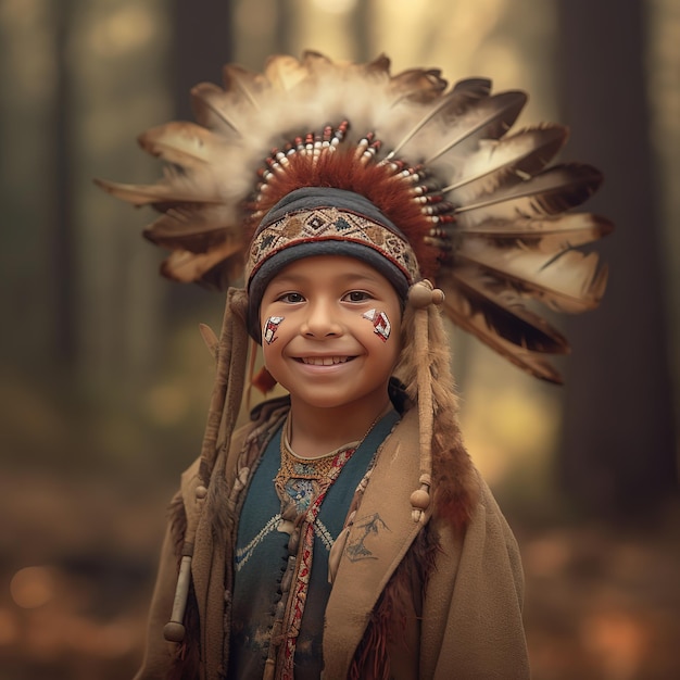 Smiling young boy wearing warbonnet natif américain sur fond de forêt sombre floue