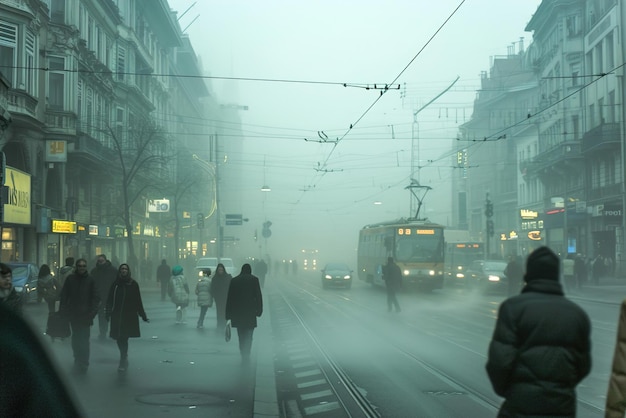 Photo le smog s'installe sur le paysage urbain. les rues sont un labyrinthe brumeux de contours floues avec des piétons qui naviguent.