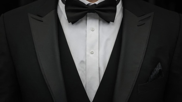 Smoking noir élégant avec un nœud papillon pour les événements de classe vue rapprochée de l'usure formelle hommes sophistiqués mode poche détail carré tenue de mariage de gala