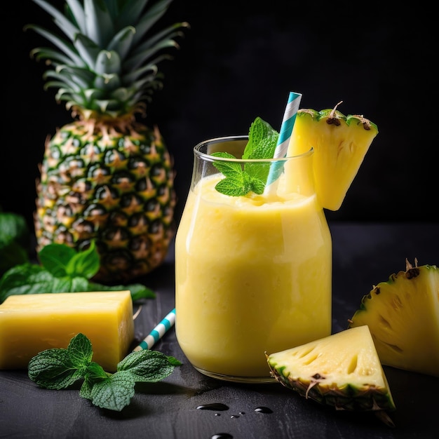 Un smoothie ananas et ananas avec des feuilles de menthe et des ananas