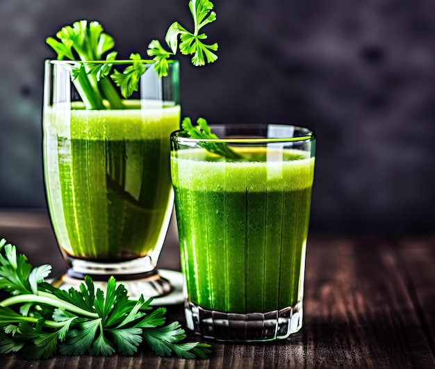 smoothie au céleri vert avec des légumes frais sur une table en bois