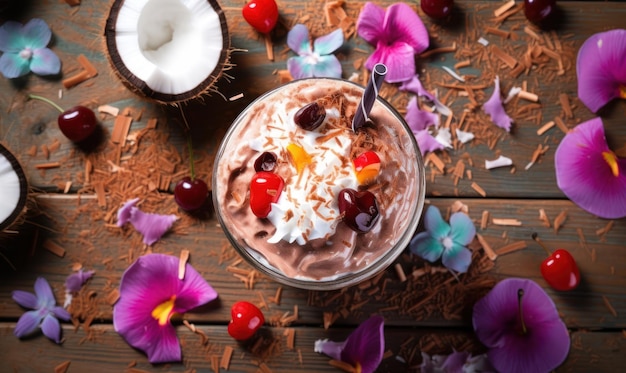 Un smoothie au chocolat avec des cerises sur le dessus