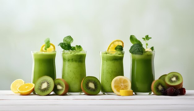 Un smoothie au kiwi et à l'herbe verte et du jus dans un verre.