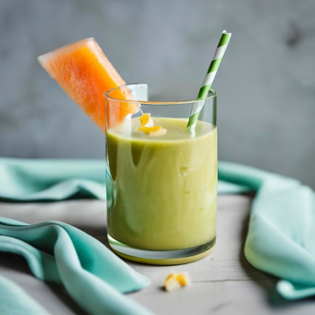 Smoothie au melon sur une table avec du linge bleu clair