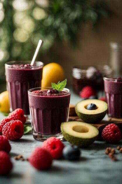 un smoothie aux baies sur une table en bois