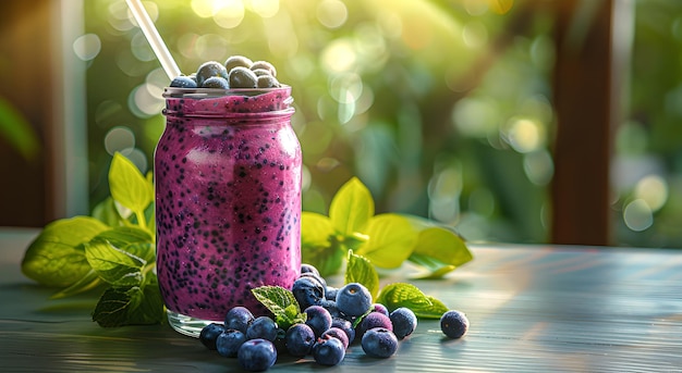 Un smoothie aux bleuets dans un pot en verre transparent