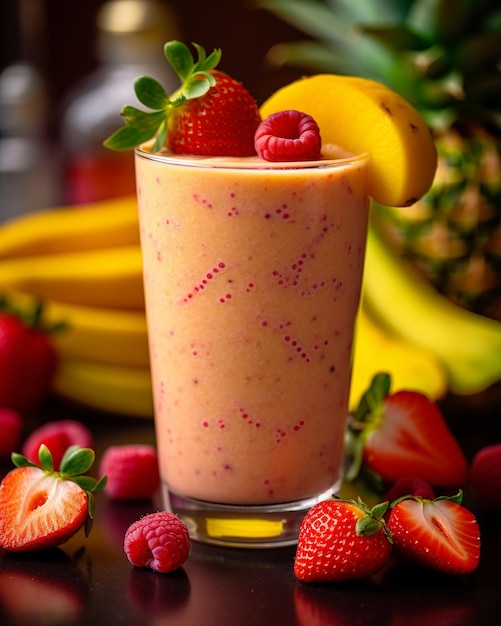 Un smoothie aux fraises et bananes sur une table