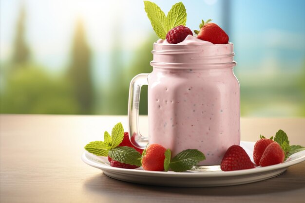 Photo smoothie aux fraises roses dans un pot de maçon sur une table bleue petit déjeuner sain et collation en option