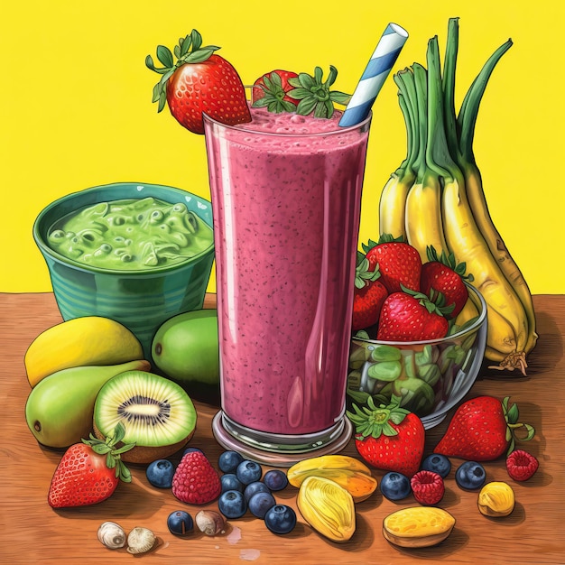 Smoothie aux fruits dessinés dans un gros plan de verre en verre sur un fond coloré ai générative