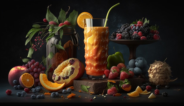 Un smoothie aux fruits sur un fond sombre IA générative