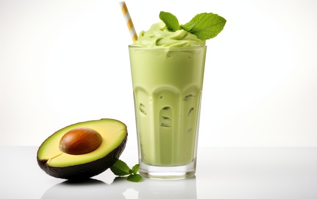 Un smoothie d'avocat rafraîchissant sur un fond blanc