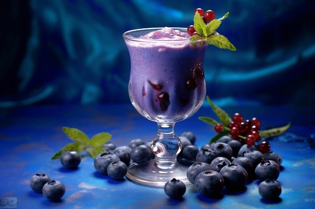 Un smoothie de bleuets dans un verre avec des baies fraîches sur un fond bleu