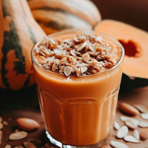 Un smoothie de citrouille avec du granola sur le dessus