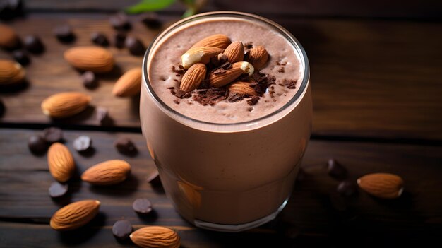 Smoothie avec du chocolat, du lait, des amandes, de la cannelle et