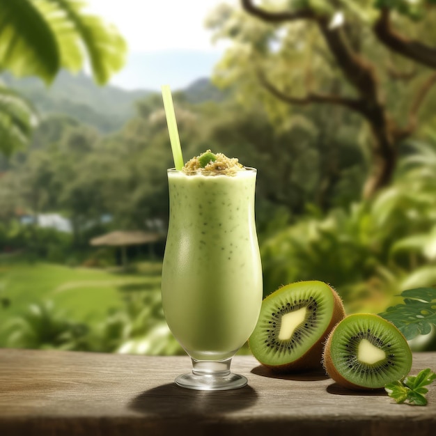 Smoothie frais kiwi lassi aux kiwis dans un restaurant de fond de studio avec jardin