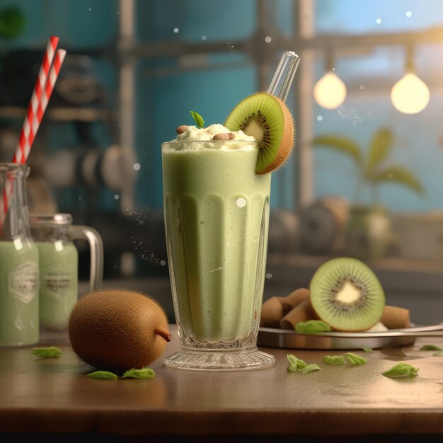 Smoothie frais kiwi lassi aux kiwis dans un restaurant de fond de studio avec jardin