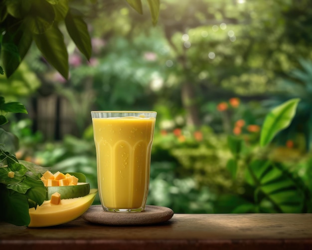 Smoothie frais mangue lassi à la mangue dans un restaurant de fond de studio avec jardin