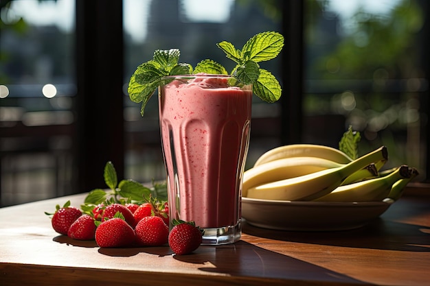 Smoothie à la fraise et à la banane dans un verre de verre avec des fruits frais IA génératif