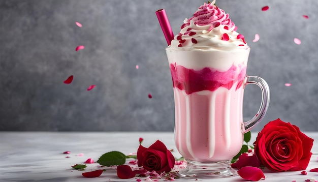 un smoothie de fraise et de fraise dans un verre avec des fleurs et une paille