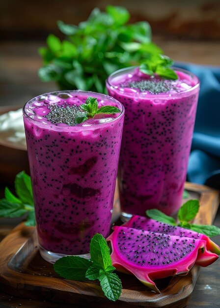 Un smoothie de fruit de dragon avec de la menthe et des graines de chia dans un verre