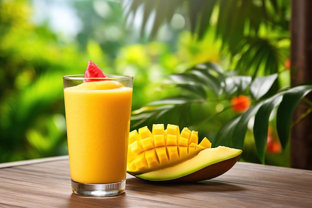 Smoothie de fruits tropicaux frais jus de mangue et mangue fraîche sur un fond tropical en plein air