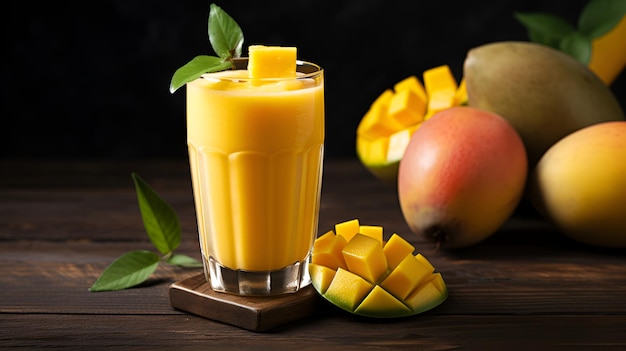 Smoothie de mangue dans un verre haut avec des tranches de mangue fraîche et des feuilles vertes sur une table en bois Boisson tropicale crémeuse sur fond sombre Bannière de boisson de mangue margarita avec espace de copie AI