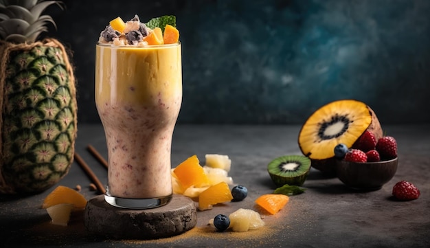 Un smoothie à la mangue avec une mangue et des kiwis sur une surface en pierre