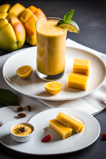 Smoothie à la mangue avec des tranches de mangue sur une assiette