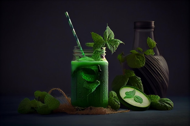 Smoothie à la menthe dans un verre sur un fond sombre avec des ingrédients ai génératifs