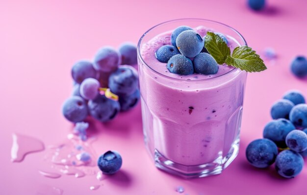 smoothie de myrtille avec des myrtilles et des feuilles de basilic sur une table en bois