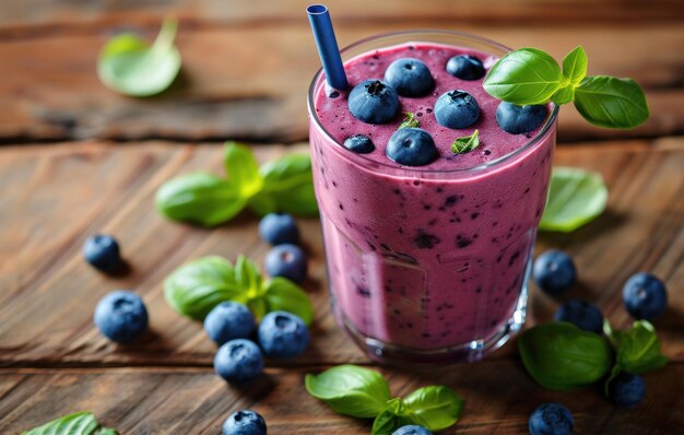 smoothie de myrtille avec des myrtilles et des feuilles de basilic sur une table en bois