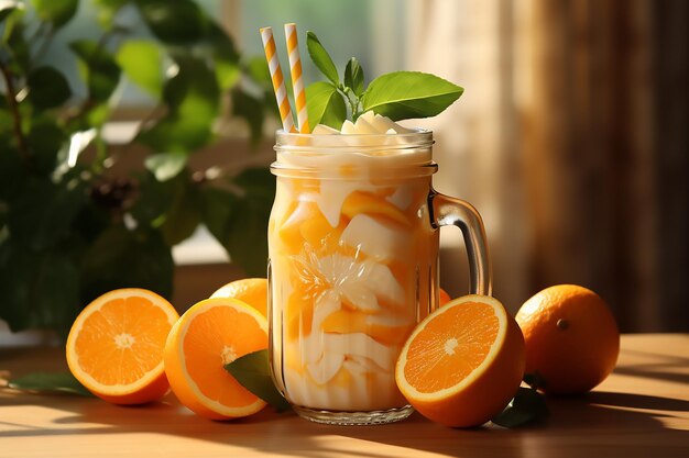 Smoothie d'orange dans un verre avec de la paille rayée et des fruits