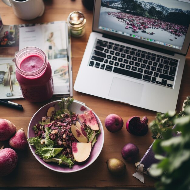 Photo smoothie avec ordinateur portable sur la table generative ai